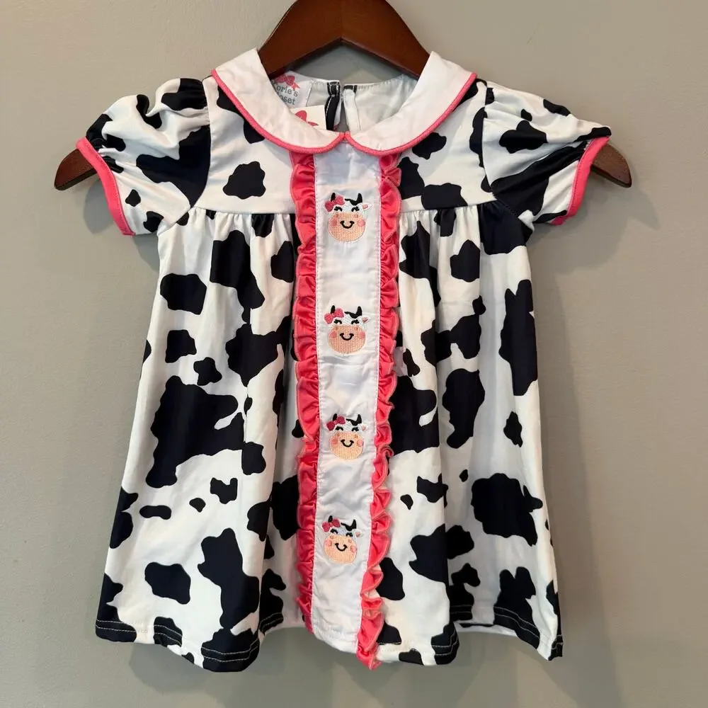 Kories Closet Cow Print Dress Spotted Embroidered Pink Ruffle Trim‎ Sz 12 18 Mos